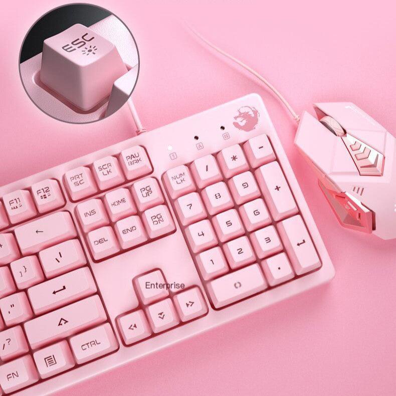 Růžová herní myš PRO, růžová klávesnice a velká design podložka