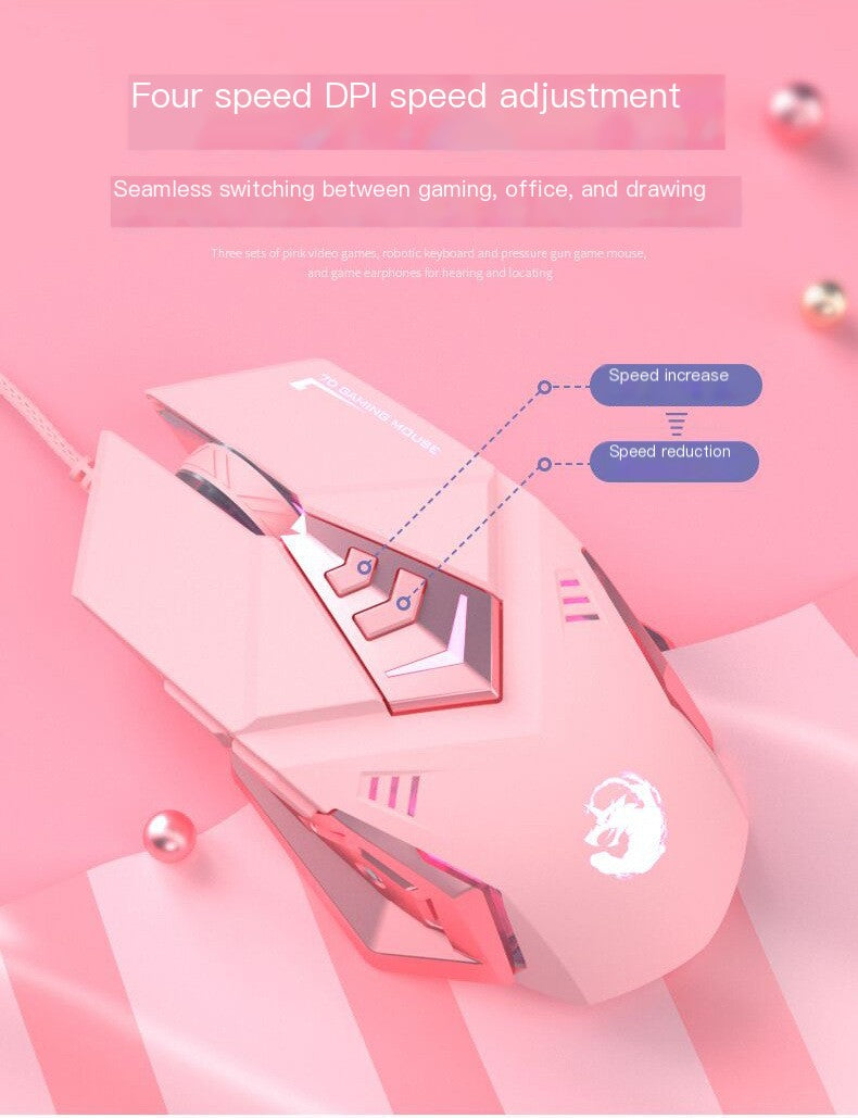 Růžová herní myš PRO, růžová klávesnice a velká design podložka
